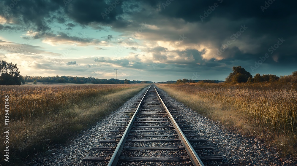 Empty Railroad Tracks Through a Field at Sunset. Concept of Journey, Freedom, and Adventure. Empty Railroad Tracks Through a Field at Sunset. Concept of Journey, Freedom, and Adventure.