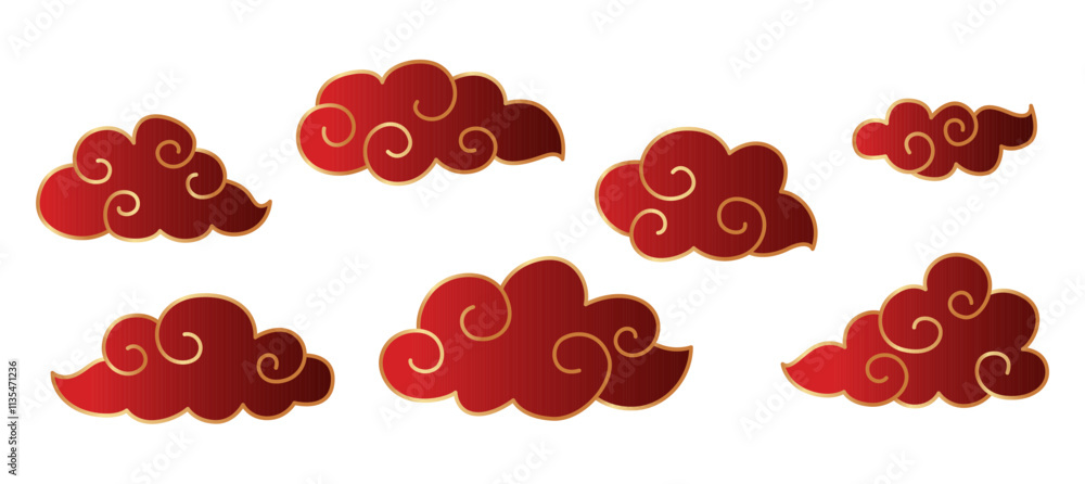 Collection of traditional Chinese or Japanese clouds in red and gold colors. Decorations for Chinese New Year. White background. Collection of traditional Chinese or Japanese clouds in red and gold colors. Decorations for Chinese New Year. White background.