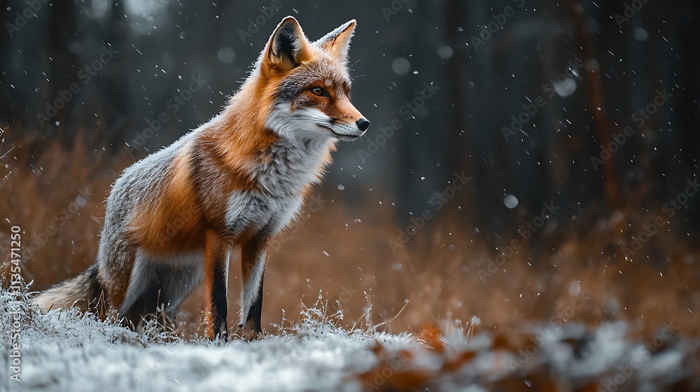 Fototapeta premium Red Fox in Winter Forest. Wildlife, Snow, Nature, Animal