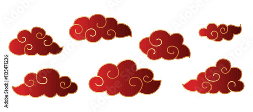 Collection of traditional Chinese or Japanese clouds in red and gold colors. Decorations for Chinese New Year. White background.