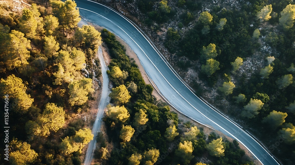 Serpentine Road Winding Through Forest. Concept of Journey, Adventure, and Nature. Serpentine Road Winding Through Forest. Concept of Journey, Adventure, and Nature.