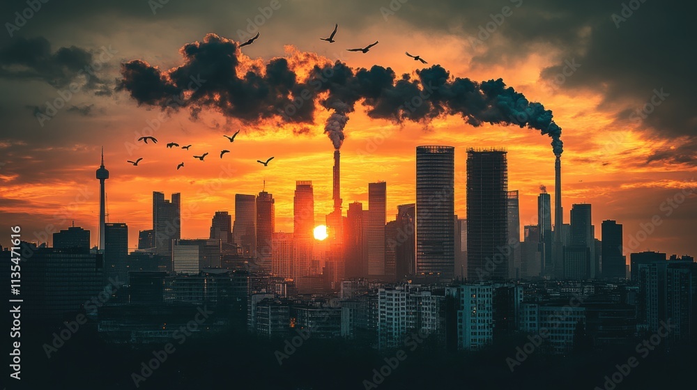 Sunset Over Industrial Cityscape with Pollution Sunset Over Industrial Cityscape with Pollution