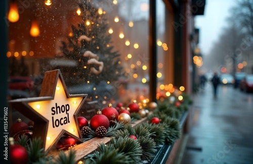 Shop window decorated for Christmas. Ornaments and lights adorn the windowsill. Sign says Shop Local. Rainy day outside. People walk by on street. Festive holiday ambiance. photo