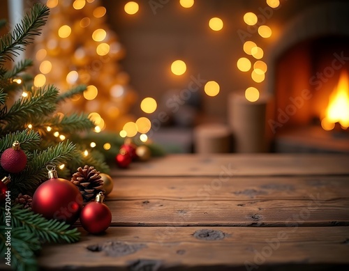 Cozy Christmas Eve: Festive Ornaments and Warm Fireplace Glow on Rustic Wooden Table