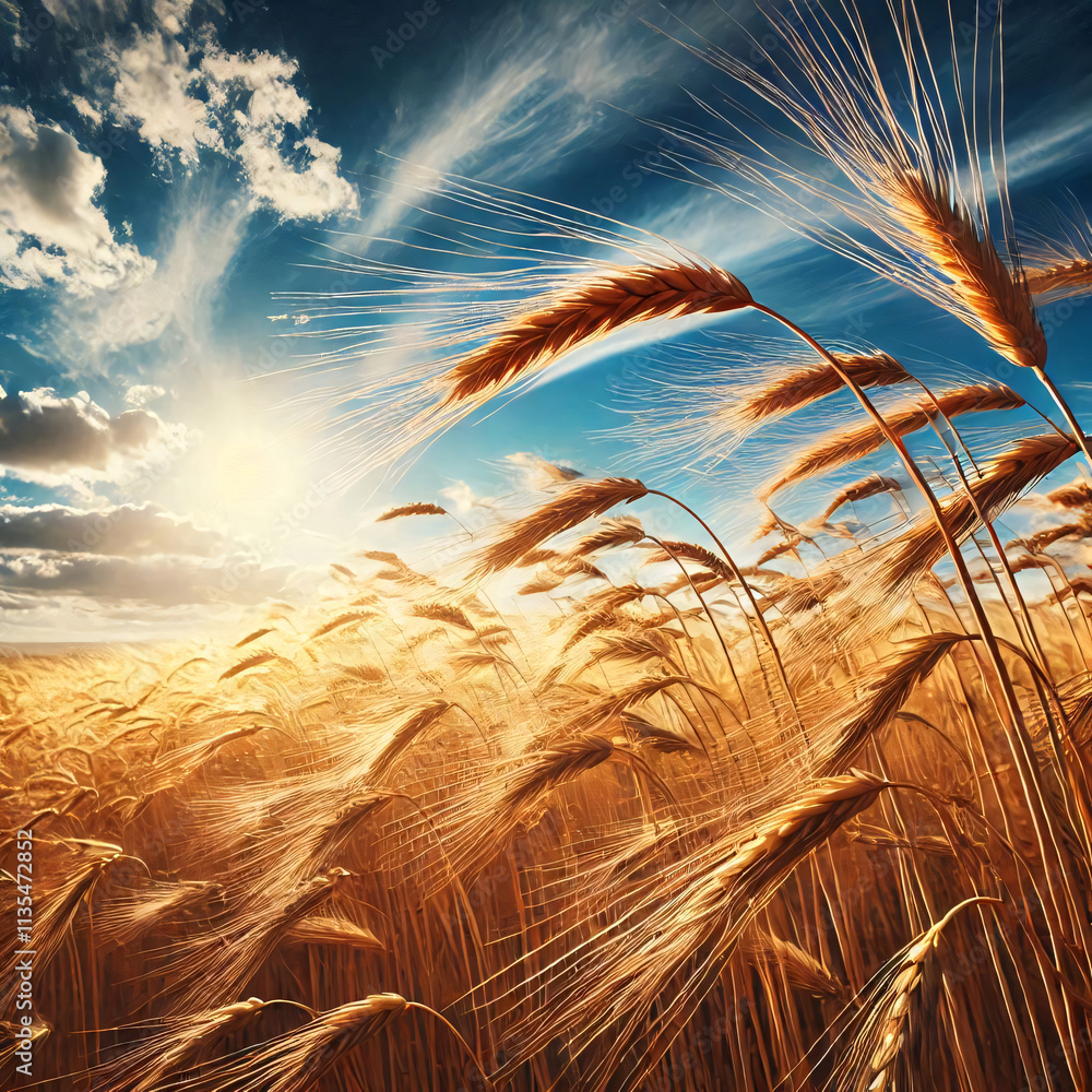 Golden wheat stalks sway in the wind under a dramatic sky, bathed in warm sunlight Golden wheat stalks sway in the wind under a dramatic sky, bathed in warm sunlight