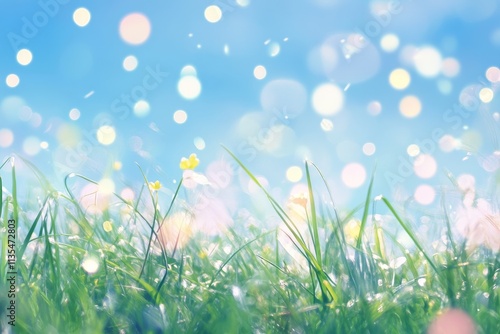 World environment day theme  abstract background of green grass and blue sky with bokeh effects photo