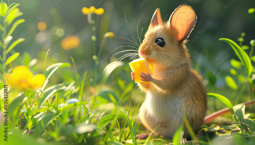 Fototapeta premium Mouse Eating Cheese in Grassy Field