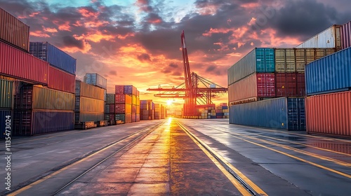 Wallpaper Mural Shipping containers at a port at sunset. Concept of global trade, logistics, and international commerce. Torontodigital.ca