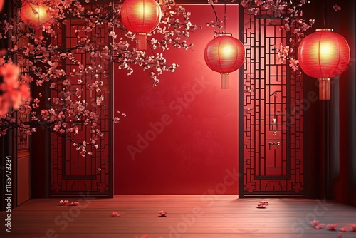 A serene Chinese courtyard illuminated by red lanterns, perfect for Lunar New Year celebrations, festive invitations, and cultural events. photo