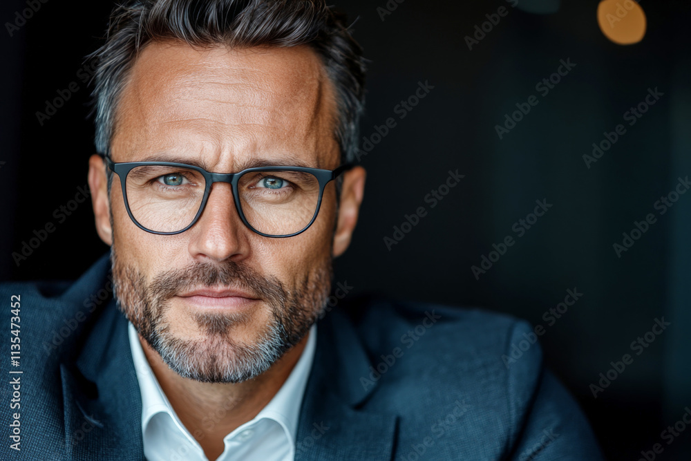 Confident businessman wearing eyeglasses posing in studio with black background Confident businessman wearing eyeglasses posing in studio with black background