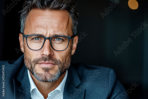 Confident businessman wearing eyeglasses posing in studio with black background