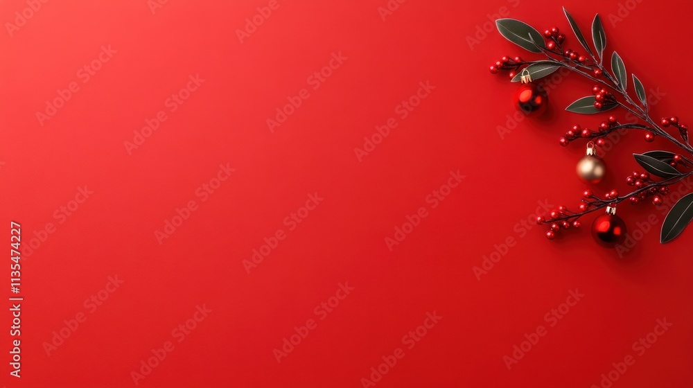 Festive New Year Decorations: Red, Green, and Gold Baubles, Star Ornaments, Mistletoe Berries, and Pine Branches on Isolated Red Background with Copyspace Festive New Year Decorations: Red, Green, and Gold Baubles, Star Ornaments, Mistletoe Berries, and Pine Branches on Isolated Red Background with Copyspace
