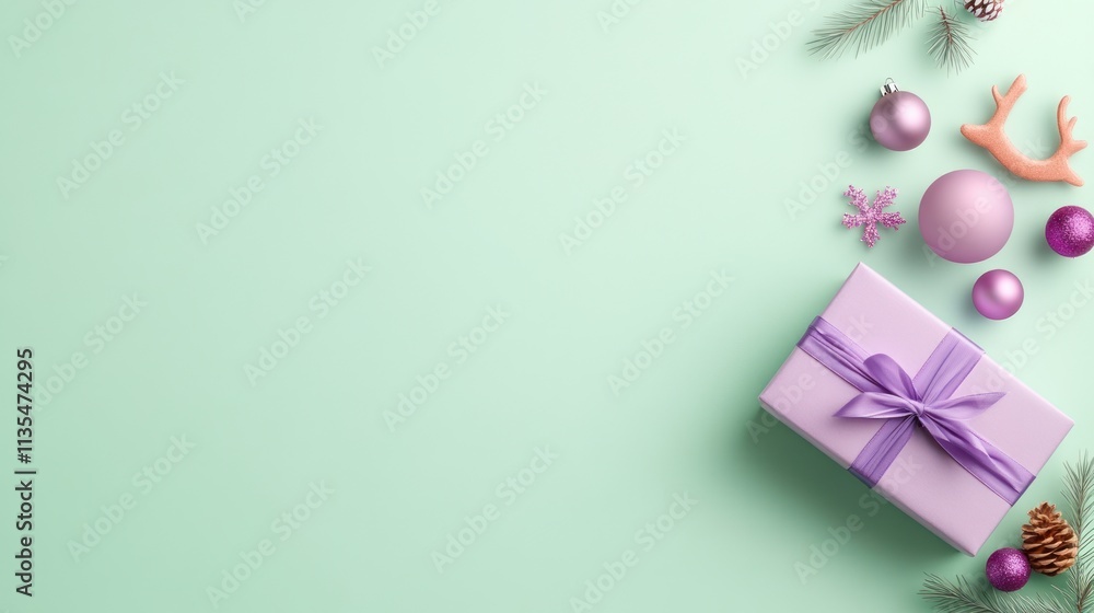 Top View Lilac New Year Gift Boxes with Ornaments and Sequins on Green Background Top View Lilac New Year Gift Boxes with Ornaments and Sequins on Green Background