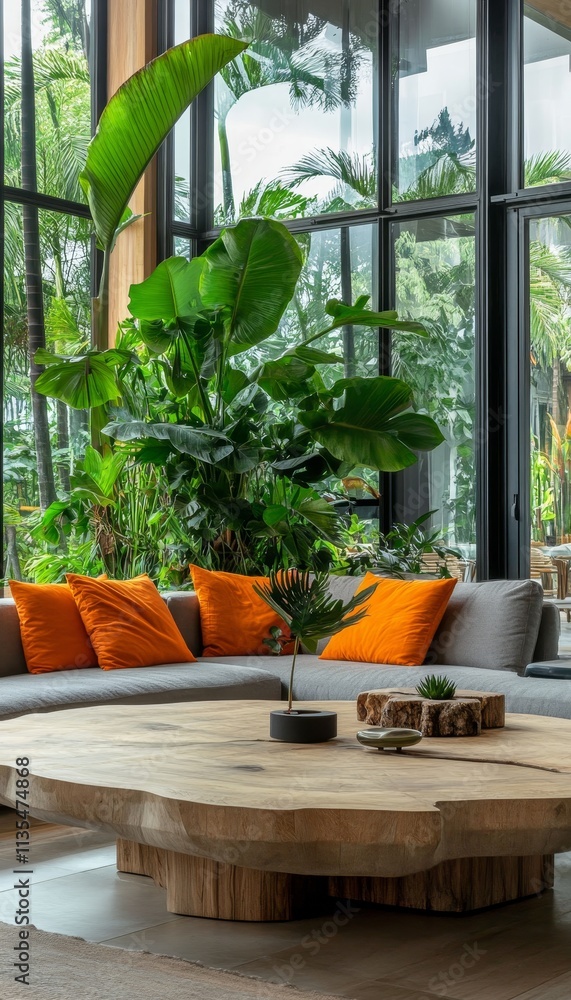 Elegant round wooden coffee table in bright open plan living room with grey sofa and green plants Elegant round wooden coffee table in bright open plan living room with grey sofa and green plants