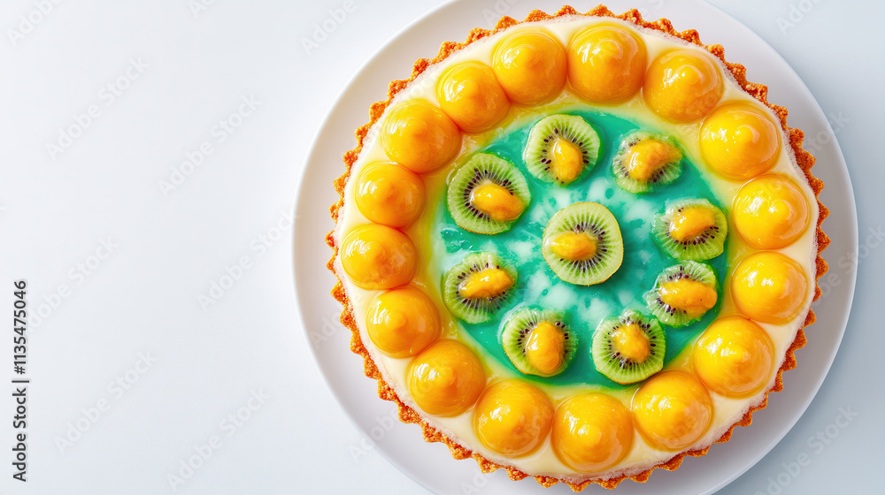 A vibrant, artistic shot of a deconstructed tropical fruit tart, featuring mango spheres A vibrant, artistic shot of a deconstructed tropical fruit tart, featuring mango spheres