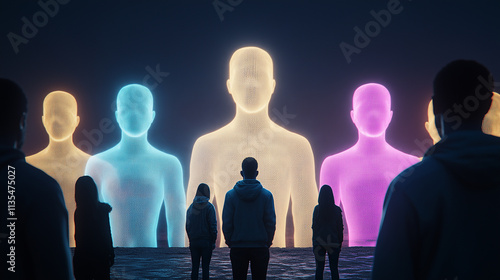 Silhouetted Figures Observing Luminous Wireframe Human Forms