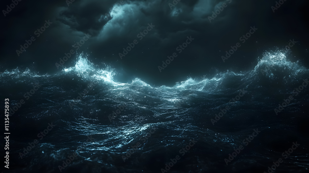 Fototapeta premium A stormy ocean scene with lightning and waves at night.
