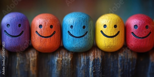 A vibrant and colorful row of five smiling face painted stones, each with unique colors, representing cheerful and positive emotions in a playful setting photo