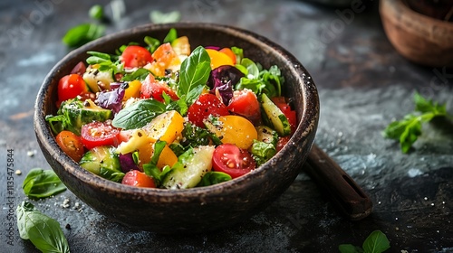 Colorful Vegetable Salad in Wooden Bowl. Healthy and Delicious Mediterranean Salad.