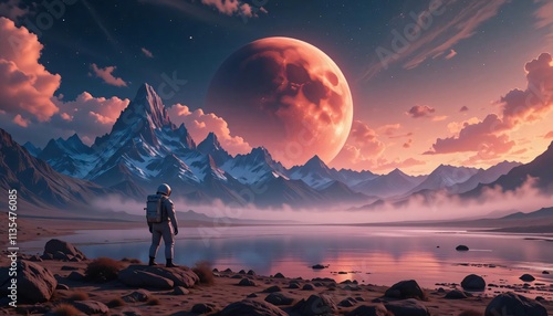 Spaceman standing alone at lake on nameless planet