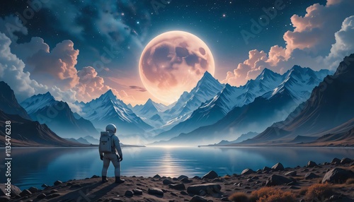 Spaceman standing alone at lake on nameless planet