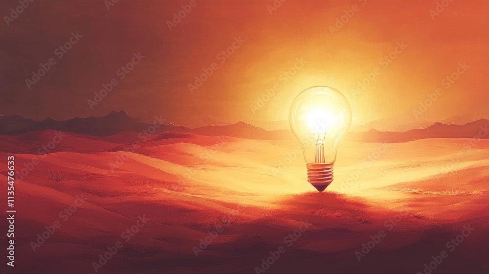 Close up of glowing light bulb in desert