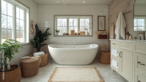 Luxurious and serene modern bathroom interior with freestanding bathtub, surrounded by elegant natural elements and stylish decor accents.