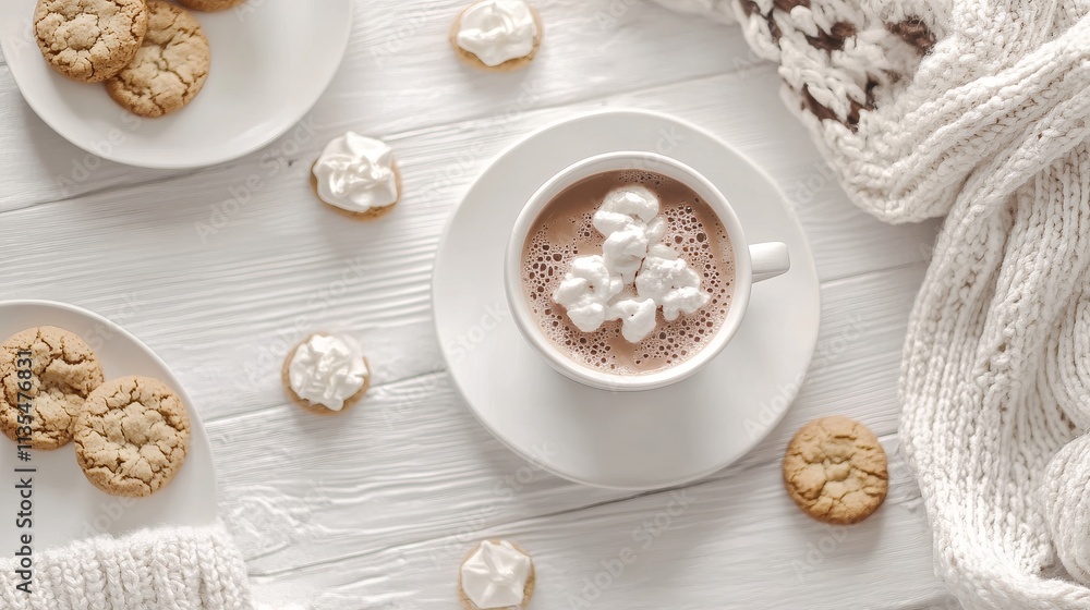 Hello January greeting card. Composition with delicious hot cocoa drink and cookies on white wooden background, flat lay Hello January greeting card. Composition with delicious hot cocoa drink and cookies on white wooden background, flat lay