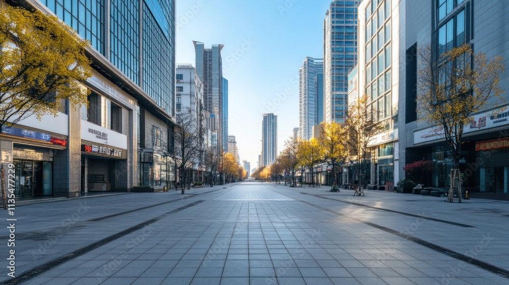 Serene Urban Dawn: Empty City Street in China Serene Urban Dawn: Empty City Street in China
