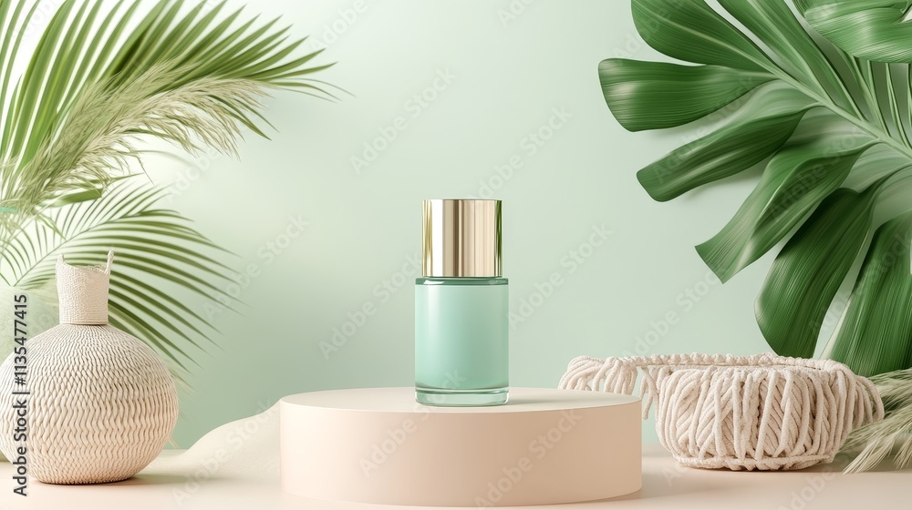 3D podium display, pastel green and white background with palm leaf and Macramé wall hangings. Minimal pedestal for beauty, cosmetic product. 3d render
3D podium display, pastel green and white background with palm leaf and Macramé wall hangings. Minimal pedestal for beauty, cosmetic product. 3d render