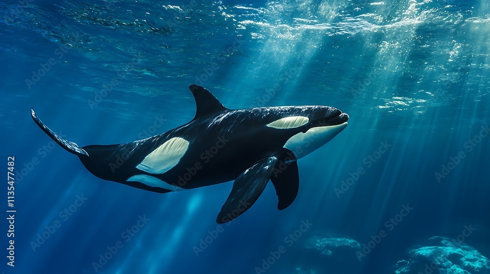 Obraz premium Orca swimming underwater, sunlight beams through water. Concept of marine wildlife, ocean life, and nature.