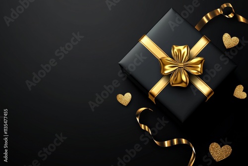 A luxurious black gift box adorned with a shiny gold ribbon and decorative heart-shaped confetti on a dark background. photo