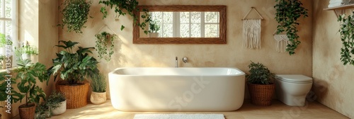 A serene bathroom adorned with lush green plants, featuring a minimalist bathtub and large window, creates a relaxing oasis of natural light and tranquility.