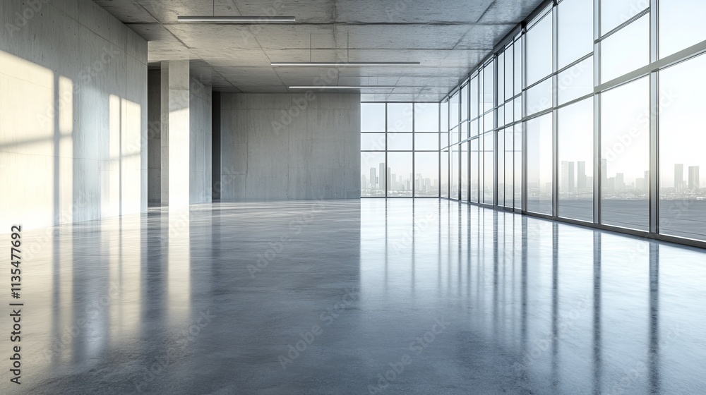 Horizontal view of empty cement floor with steel and glass modern building exterior. Early morning scene. Photorealistic 3D rendering. Horizontal view of empty cement floor with steel and glass modern building exterior. Early morning scene. Photorealistic 3D rendering.