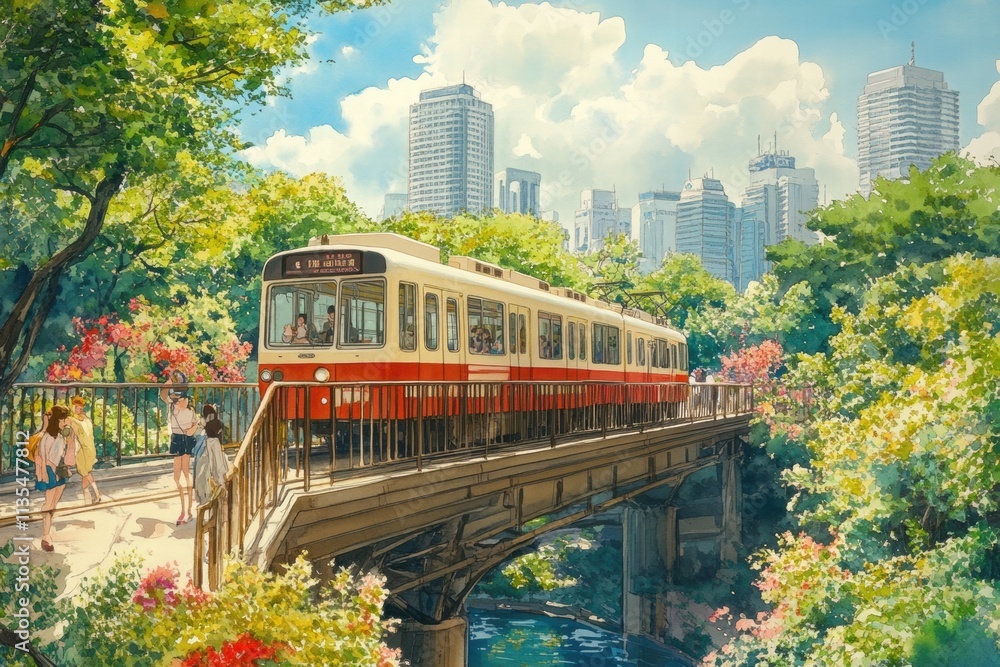 Naklejka premium Tranquil Cityscape Train Crossing a Scenic Bridge