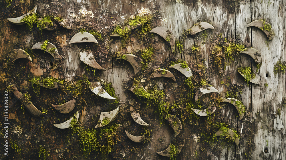 Boomerangs scattered on a wooden wall with moss and lichen, moss, nature, verdant. Verdant. Illustration Boomerangs scattered on a wooden wall with moss and lichen, moss, nature, verdant. Verdant. Illustration
