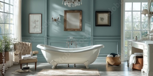 Luxurious and elegantly designed bathroom interior featuring a vintage clawfoot bathtub, ornate decor with soft lighting, and exquisite classical artwork.