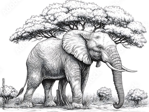 Elephant line drawing detailed black white creative coloring masterpiece photo