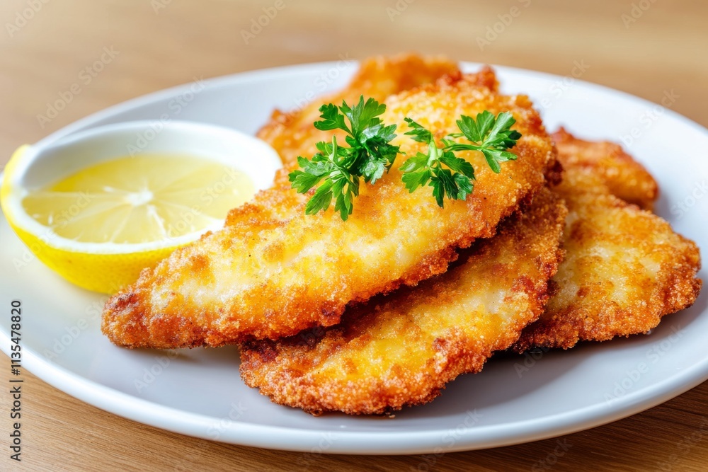 Crispy breaded fish fillets served with lemon wedges and fresh parsley on a white plate. Crispy breaded fish fillets served with lemon wedges and fresh parsley on a white plate.