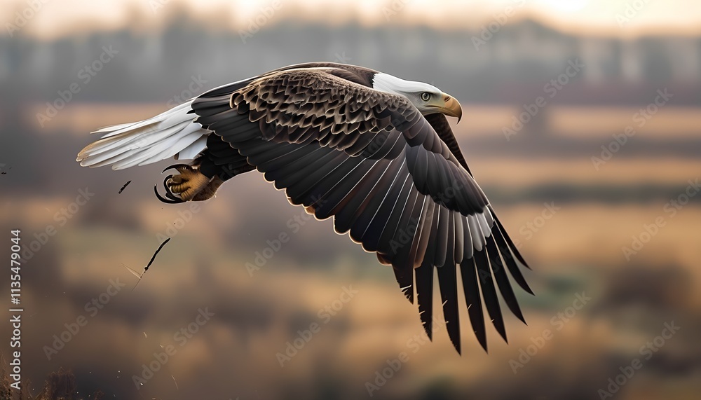 Majestic eagle soaring through the golden skies natural habitat wildlife photography serene landscape aerial perspective freedom and power