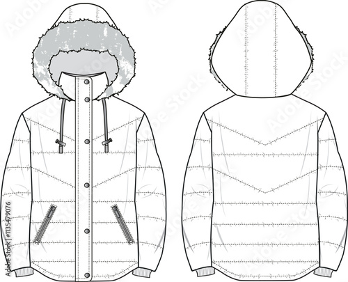 Unisex Hooded Puffer Coat. Technical fashion illustration. Front and back, white color. Unisex CAD mock-up.