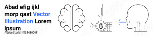 Stylized brain, blockchain symbol, speech flow, and sample text highlighting tech concepts. Ideal for technology, neuroscience, cryptocurrency, communication, education, modern UIUX, web design