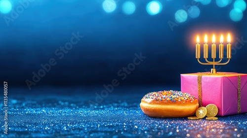 Festive Hanukkah Display with Menorah, Dreidels, Donut, Coins, Wrapped Gift, and Star photo