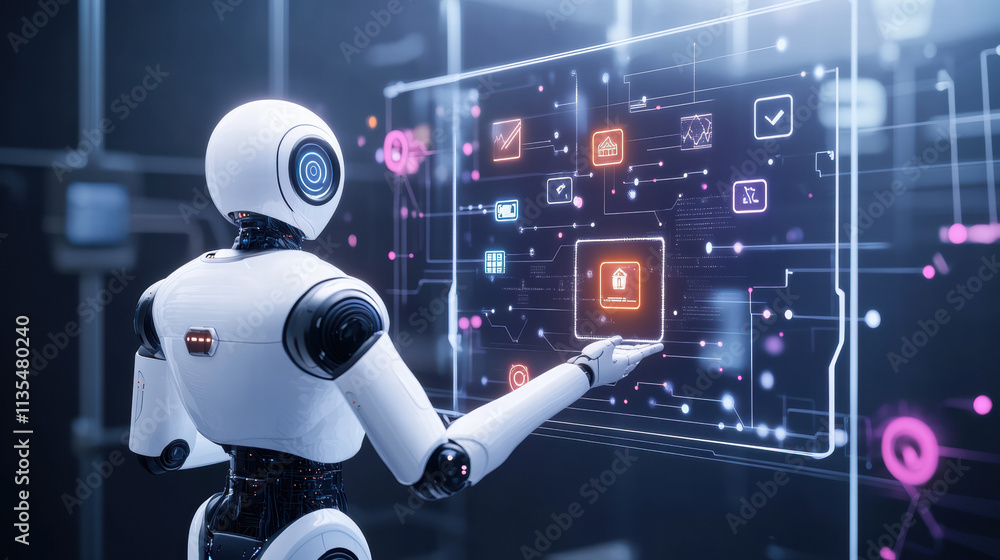 A robot holding an AI data stream with icons and symbols representing various types of artificial intelligence A robot holding an AI data stream with icons and symbols representing various types of artificial intelligence