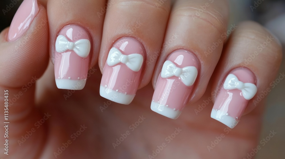 Close-up of elegant pink nails with 3D white bows, French manicure tips. Close-up of elegant pink nails with 3D white bows, French manicure tips.