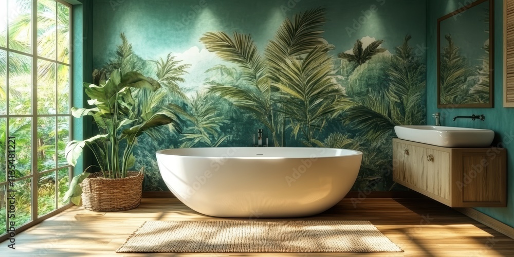 A serene and elegant bathroom featuring a standalone bathtub complemented by tropical plant decor and large windows overlooking a lush green garden. A serene and elegant bathroom featuring a standalone bathtub complemented by tropical plant decor and large windows overlooking a lush green garden.