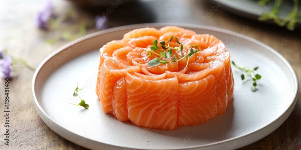 A close-up of a salmon cake shaped like a flower, resting on a smooth white plate with a delicate garnish of microgreens A close-up of a salmon cake shaped like a flower, resting on a smooth white plate with a delicate garnish of microgreens
