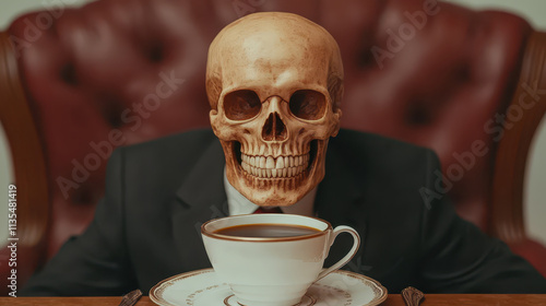 skeleton businessman enjoys coffee in cozy setting, blending humor and surrealism