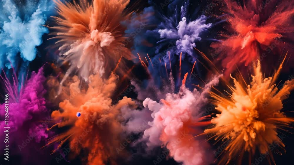 Colorful explosion of powder pigments during a creative art event at night in a studio setting Colorful explosion of powder pigments during a creative art event at night in a studio setting