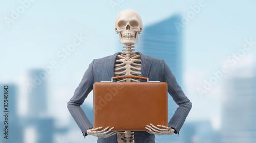 skeleton businessman in suit holds briefcase, symbolizing work and ambition photo